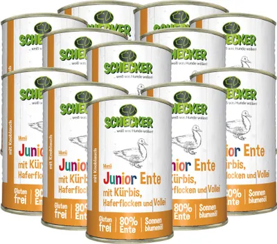 Produktbild von 12 x 410 g - Schecker Nassfutter - Hundemenü - Junior Ente mit Kürbis, Haferflocken und Vollei