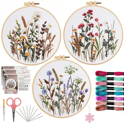 Produktbild von 3-teiliges Stickset für Anfänger mit Blumenmotiven, inkl. Stickrahmen und Zubehör