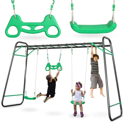 Image de Balançoire de jardin HyperMotion XXL – 2 sièges, trapèze et échelle – structure en acier robuste, réglable en hauteur, pour les enfants à partir de 3 ans