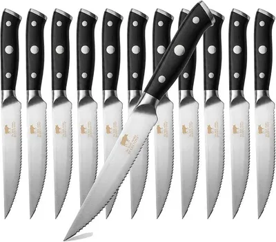 Imagen del producto de Juego de cuchillos para carne, de 12 piezas, con filo ondulado, para uso profesional en hostelería