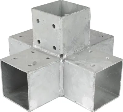 A galvanized metal corner connector for a pergola, designed to join four posts at a right angle.