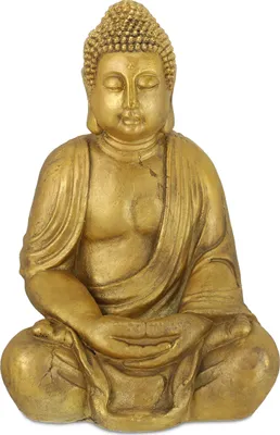 Produktbild von Relaxdays Buddha Figur Garten, wetterfest, frostsicher, XL Gartenbuddha sitzend, Gartenfigur, HBT: 70 x 45 x 35 cm, gold