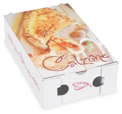 A cardboard box for calzones with an image of calzones printed on it.
