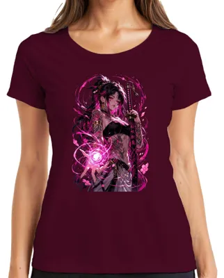 Produktbild von Anime Mädchen Katana Pinke Magie Tattoo Drache Japan Y2K Otaku Damen T-Shirt, Burgundy, M
