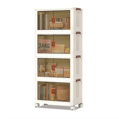 Productafbeelding van Opvouwbare opbergkast met 4 etages en wielen – Stapelbare plastic kast, wit – voor thuis en kantoor