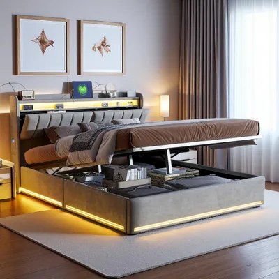 Immagine prodotto di Letto imbottito in velluto ProximaX 140x190 cm in grigio - letto matrimoniale con illuminazione a LED sulla testata e sul giroletto, letto con contenitore a pressione di gas con spazio di archiviazione