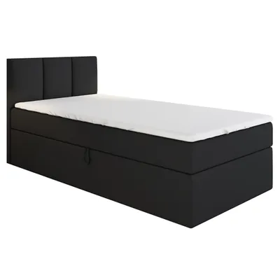 A black boxspring bed with a white mattress topper and a black headboard, shown against a white background.
