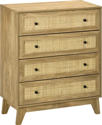 Produktbild von Kommode mit 4 Schubladen - Schmale Hochkommode - Holz mit Rattanfronten - Hohe Füße - Für Schlafzimmer Wohnzimmer Büro - 80x35x95 cm - Naturholz