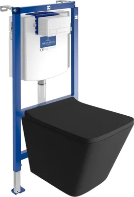 Produktbild von DOMINO Villeroy&Boch ViConnect H112 Vorwandelement Unterputz WC mit Bedienplatte + Wand Hänge Tiefspül WC Lago Schwarz Spülrandlos | WC Komplett Set |
