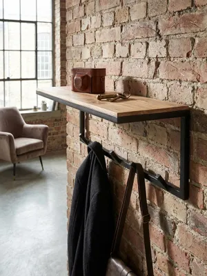Produktbild von Design Wandgarderobe Akazie Massivholz / Metall 70x27x30 cm, Hakenleiste mit Ablage, Flurgarderobe Garderobe Wand Holz