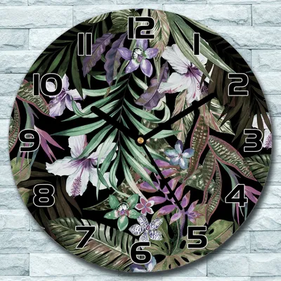 Produktbild von Wanduhr aus Glas Rund fi 30 Exotische Blumen Quarz Deko Wohnzimmer Büro