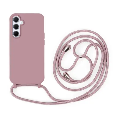 A pink phone case with a lanyard is laid out on a white background.