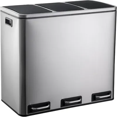 Imagen del producto de Contenedor de basura para cocina, 3 compartimentos de 18 litros, sistema de separación de residuos Clean 9, cubo de basura metálico, cubo con pedal, cubetas interiores extraíbles, color plateado