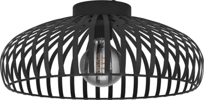 A black metal pendant light with a cage-like design.