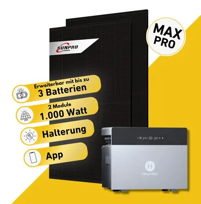 Produktbild von Balkonstrom Balkonkraftwerk 1000W Solaranlage mit Speicher | Blechdachhalterung | 2x Solarmodul  | Hoymiles HiBattery 4020X