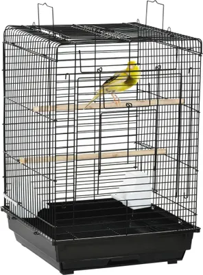 Obrázek produktu pro Klec pro ptáky - Sklopná střecha - 2 bidýlka - 2 misky na krmení - Ocel a PP - 40x40x59 cm - Černá