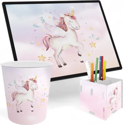 Produktbild von itenga Schreibtischunterlage V1 mit Papierkorb und Stifteköcher eckig EINHORN