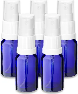 Produktbild von 5x Glasflasche blau 10 ml mit weißem Zerstäuber Kosmetikflasche leer