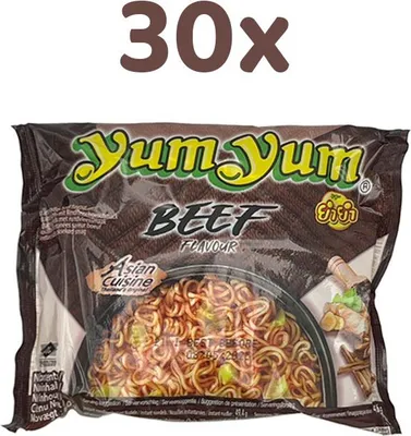 A package of Yum Yum instant noodles with beef flavor.