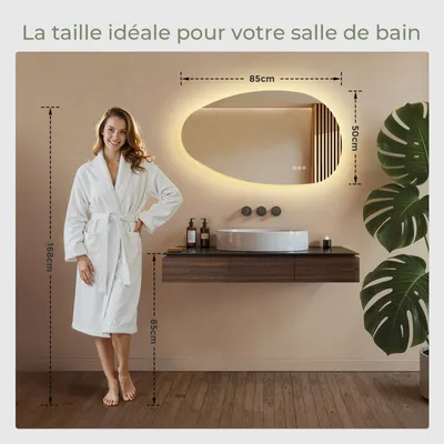 PESENXAN Miroir de salle de bain LED asymétrique avec éclairage, 83 x 60 cm, anti-buée, 3 couleurs de lumière, réglable, intensité variable, avec fonction mémoire, économie d'énergie, horizontal