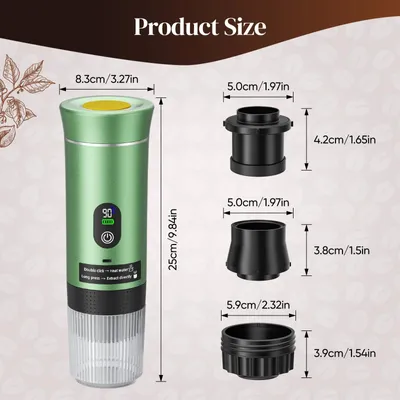 Produktbild von Tragbare Kaffeemaschine - 3-in-1 Espressomaschine 12V - Wiederaufladbar - Für Kapseln und Kaffeepulver - Edelstahl - Für Auto Camping Reise Büro - Hellgrün