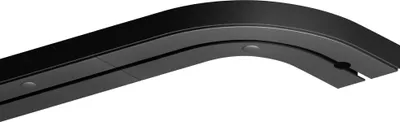 A close-up, angled view of a black curtain rail with a curved section.