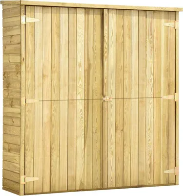 A front view of a wooden garden shed with double doors.
