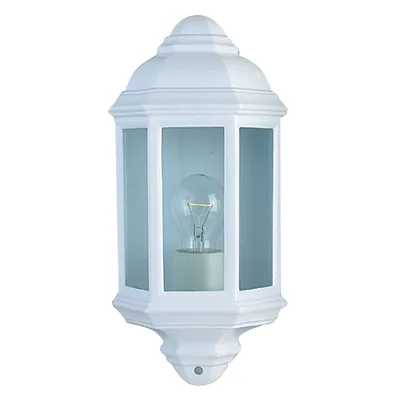 A white outdoor lantern with a clear glass enclosure and a visible light bulb.