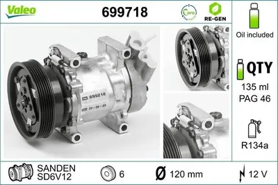 Produktbild von VALEO 699718 SD6V12 Klimaanlage Klimakompressor PAG 46 R134a für RENAULT CLIO II (BB0/1/2, CB0/1/2) KANGOO (KC0/1) KANGOO Express (FC0/1)