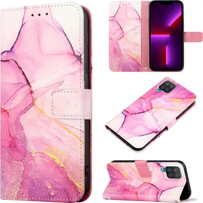 Produktbild von Galaxy A12 Hülle, Marmor Motiv Kunstleder Tasche Wallet Kartenfächer mit Standfunktion Klapp Schutzhülle für Samsung Galaxy A12 Rosa