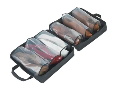 A shoe organizer with multiple compartments, each containing a pair of shoes. The organizer is black and made of fabric with clear plastic compartments.