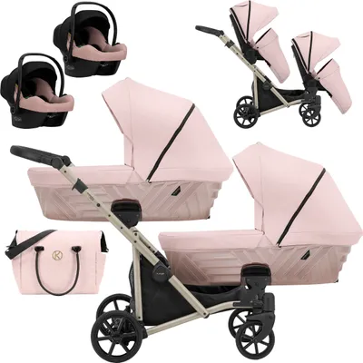 Produktbild von Kinderwagen IVENTO DUO 3 in 1 Komplettset Zwillingskinderwagen Geschwisterwagen Zwillingsbuggy Doppelkinderwagen (Smoky Pink, Rahmenfarbe: champagne)