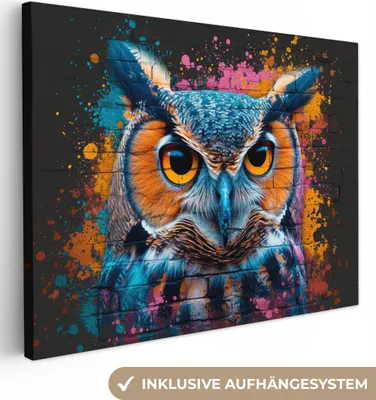 Produktbild von MuchoWow® - Leinwandbilder - Eule - Vogel - Bunt - Graffiti - Kunst, Wandbild, Wanddeko Bilder Wohnzimmer, 80x60 cm