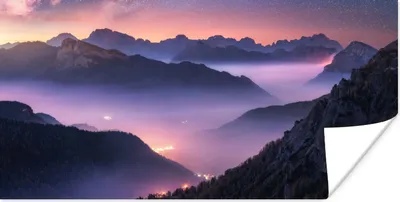 Produktbild von MuchoWow® Poster Berge - Sternenhimmel - Nebel 40x20 cm - Poster für die Wand - Poster Schlafzimmer
