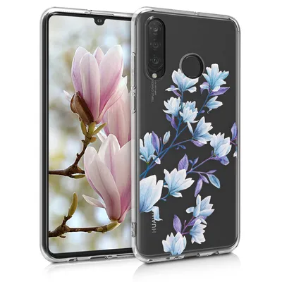 Produktbild von kwmobile Case kompatibel mit Huawei P30 Lite - Hülle Silikon transparent Magnolien Blau Violett Transparent