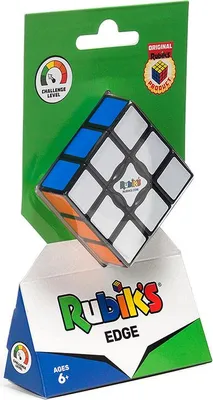 A Rubik's Cube Edge puzzle is displayed in its packaging, which includes a green cardboard header and a white cardboard base with the Rubik's logo and product name.