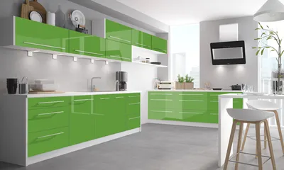 Produktbild von Küchenblock Küchenzeile 490cm weiß / gelbgrün Hochglanz lackiert