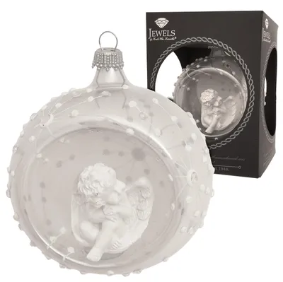 Produktbild von Krebs Glas Lauscha Reflexkugel mit Figur - Weißer Engel - Christbaumschmuck aus Glas - Größe ca. 8 cm - 24371