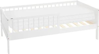 A white children's bed with a mattress and wooden slats is shown against a white background.