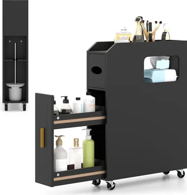 A black bathroom storage cabinet with two pull-out drawers and a top compartment, displayed against a white background. The cabinet is shown with various toiletries and makeup brushes on top and inside the drawers.