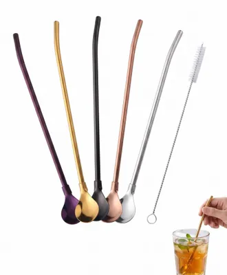 Löffelstrohhalm-Set, 5 Stück, Edelstahl, mit Reinigungsbürste