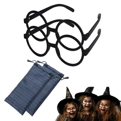 Kinder-Spielbrille, 2 Paar, schwarz, rund, ohne Glas, mit Taschen