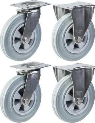 Immagine prodotto di 200 mm 8" con ruote in acciaio inox e gomma grigia, girevoli e fisse, 820 kg, set da 4