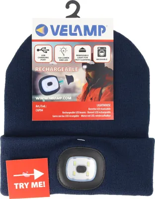 Produktbild von Mütze mit LED-Frontleuchte, Strickmütze mit LED-Licht ideal zum Joggen, Campen, Arbeiten, Spazieren etc., wiederaufladbar per USB und waschbar, dunkelblau