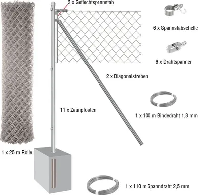 Produktbild von 25 Meter Maschendrahtzaun Komplett-Set Dingo - Farbe: verzinkt, Höhe: 100 cm, Ausführung: zum Einbetonieren