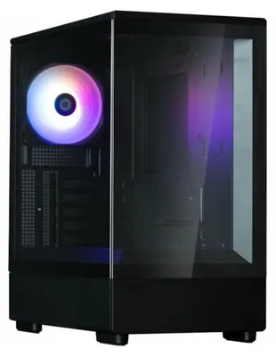 A black computer case with a colorful RGB fan on the left side and a glass panel on the right side.