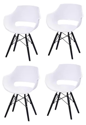 Produktbild von 4er Set Schalenstuhl Lea, Weiß, ergonomisch geformte Sitzschale aus Kunststoff, bequemer Esszimmerstuhl im Retro-Design, schwarzes Holzgestell
