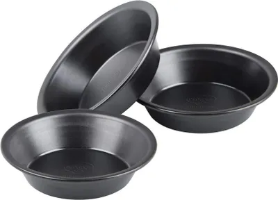 Produktbild von Dr. Oetker Pizza- und Kuchenblech 10cm, 3tlg. Set zum Backen von saftigen Kuchen und leckerer Pizza, vielseitig verwendbar, besondere Antihaft-Beschichtung, (Farbe: schwarz), Menge: 3er Set
