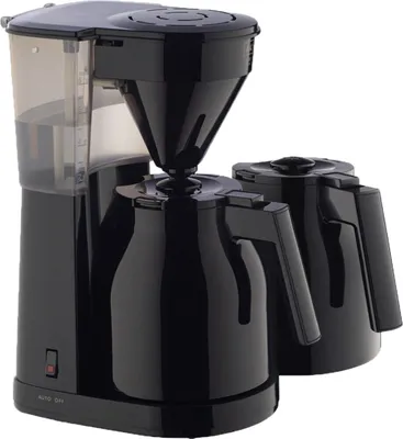 A black coffee maker with two thermal carafes, shown against a white background.