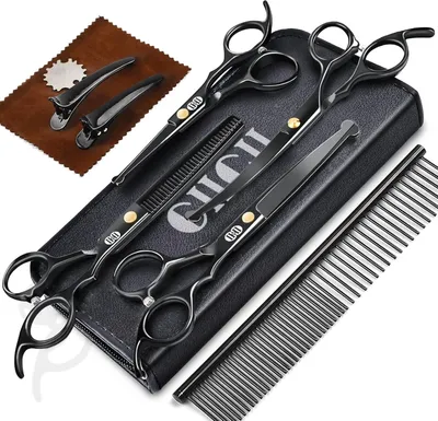 Produktbild von Hundescheren-Set Professionell 10 In 1 Edelstahl mit Rundsicherheitsspitze (Hund/Katze Haarschneide- und Ausdünnscheren mit gebogenen Scheren) für DIY-Heimfrisör (Schwarz)